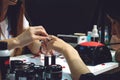 Kiev, Ukraine Ã¢â¬â 19 September, 2018: Manicure Master make gel nail extension during master-class at the beauty show